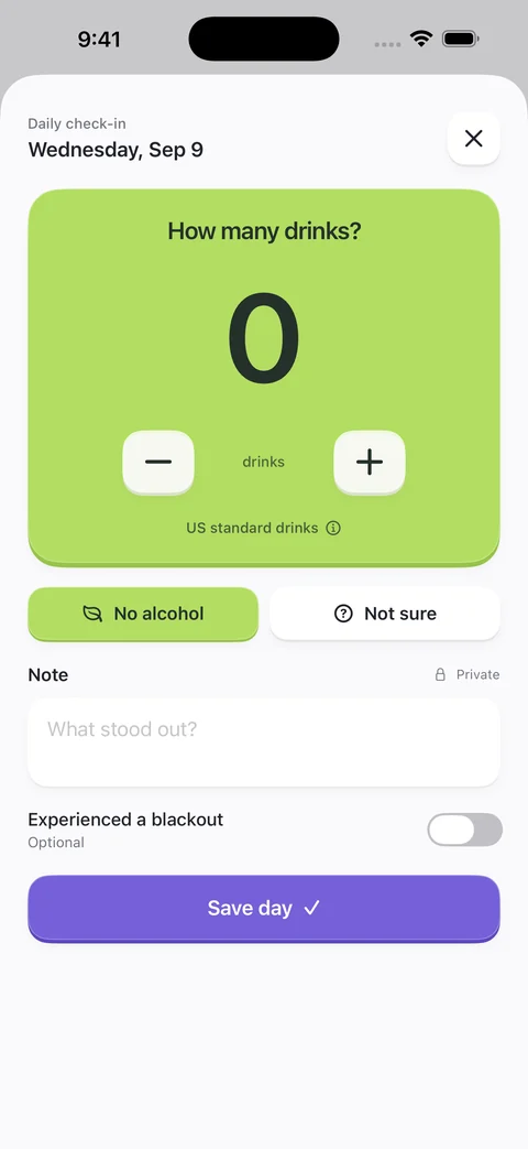 Drink counter and alcohol-free day check-in in Soberkind.
